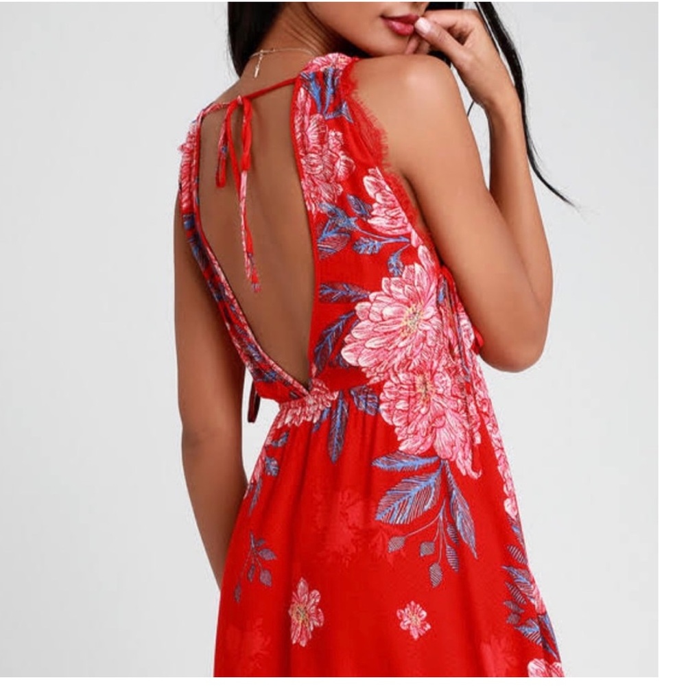 Free People Red Floral V-Neck Dress with Blue Accents - Picture 3 of 9